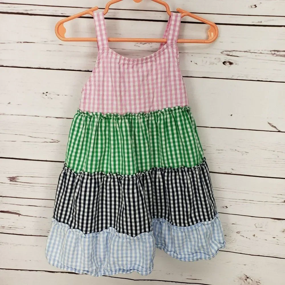 Girls Crown & Ivy Gingham‎ Pink, Green, Blue Tiered Sleeveless Dress Size 4T